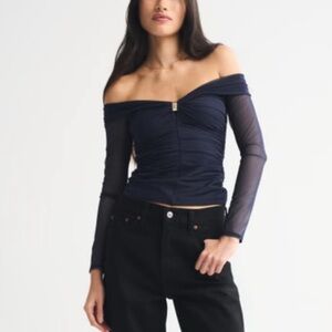 NWT Abercrombie Off-The-Shoulder Mesh Hardware Top dark indigo